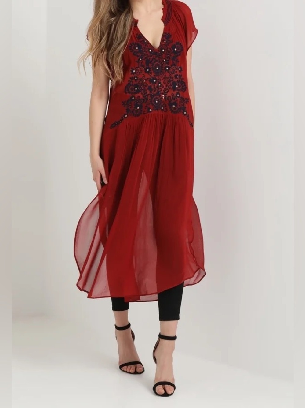 NWT Free People Red Sheer Embroidered Tunic Dress Size Medium Boho Beaded Maxi